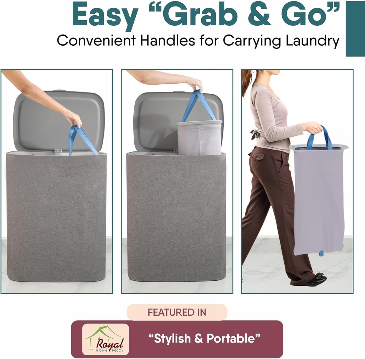 Large 90L Dual Laundry Hamper with Lid & 2 Removable Bags | Divider | Modern Gre - Kwikley