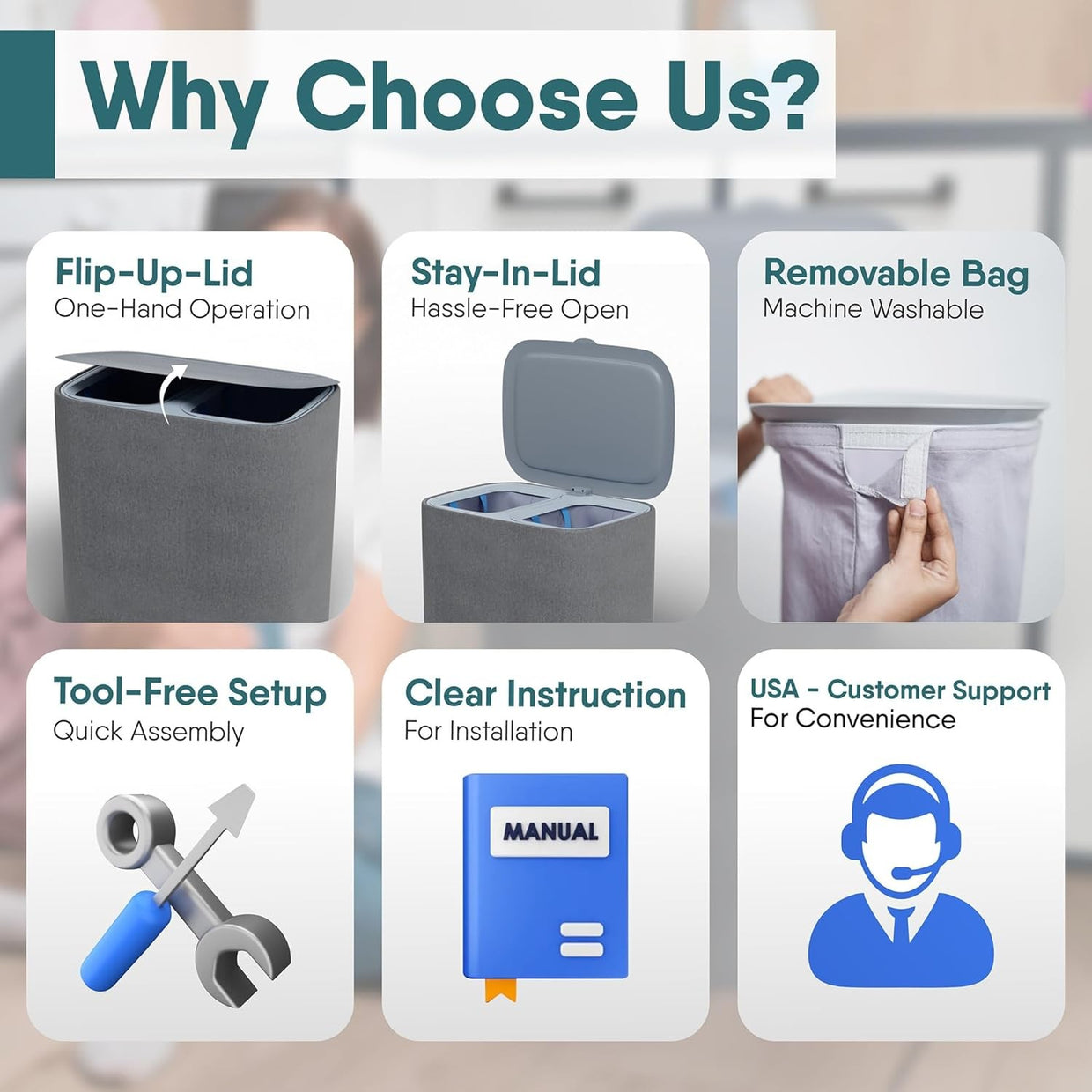 Large 90L Dual Laundry Hamper with Lid & 2 Removable Bags | Divider | Modern Gre - Kwikley