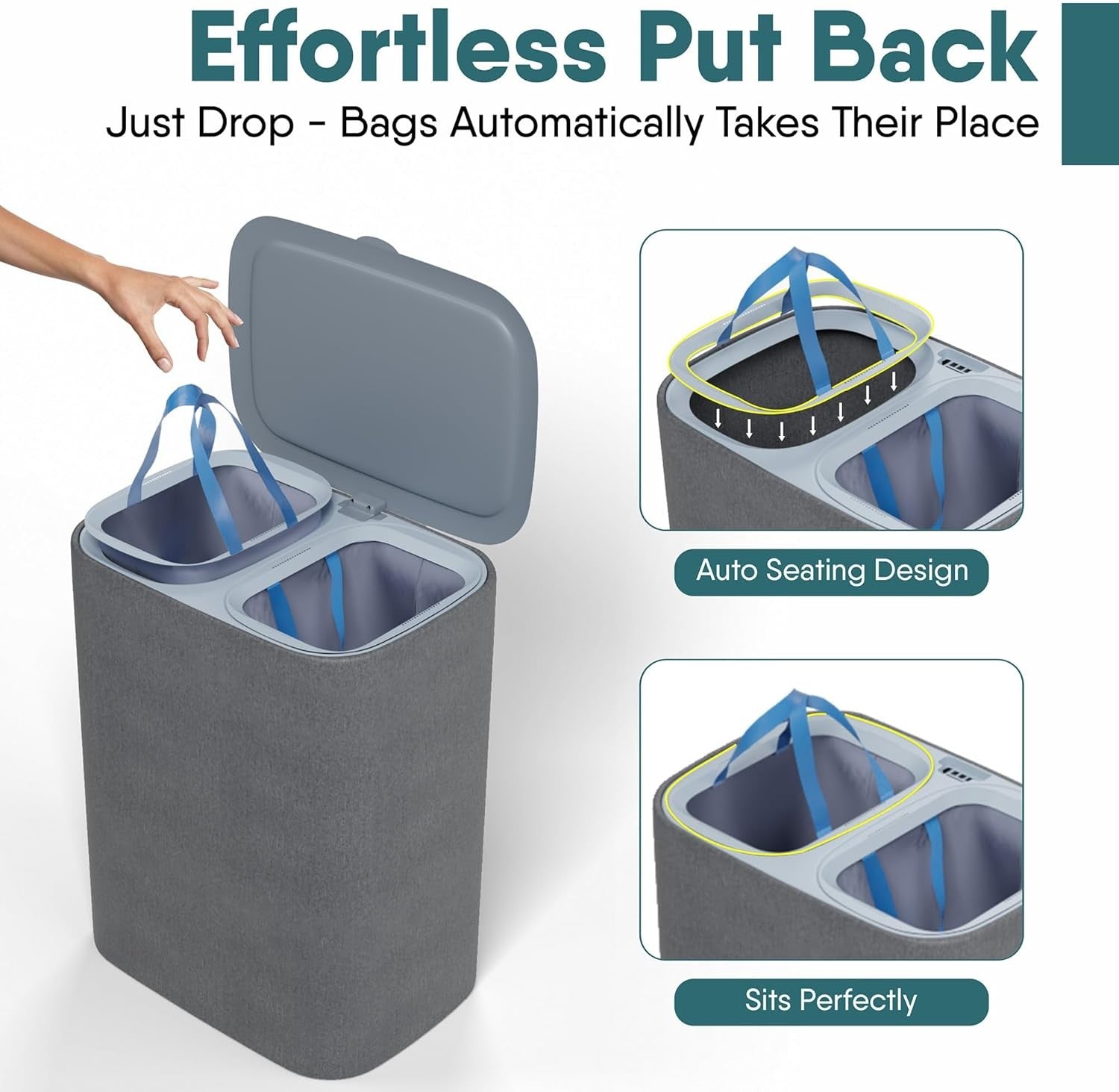 Large 90L Dual Laundry Hamper with Lid & 2 Removable Bags | Divider | Modern Gre - Kwikley