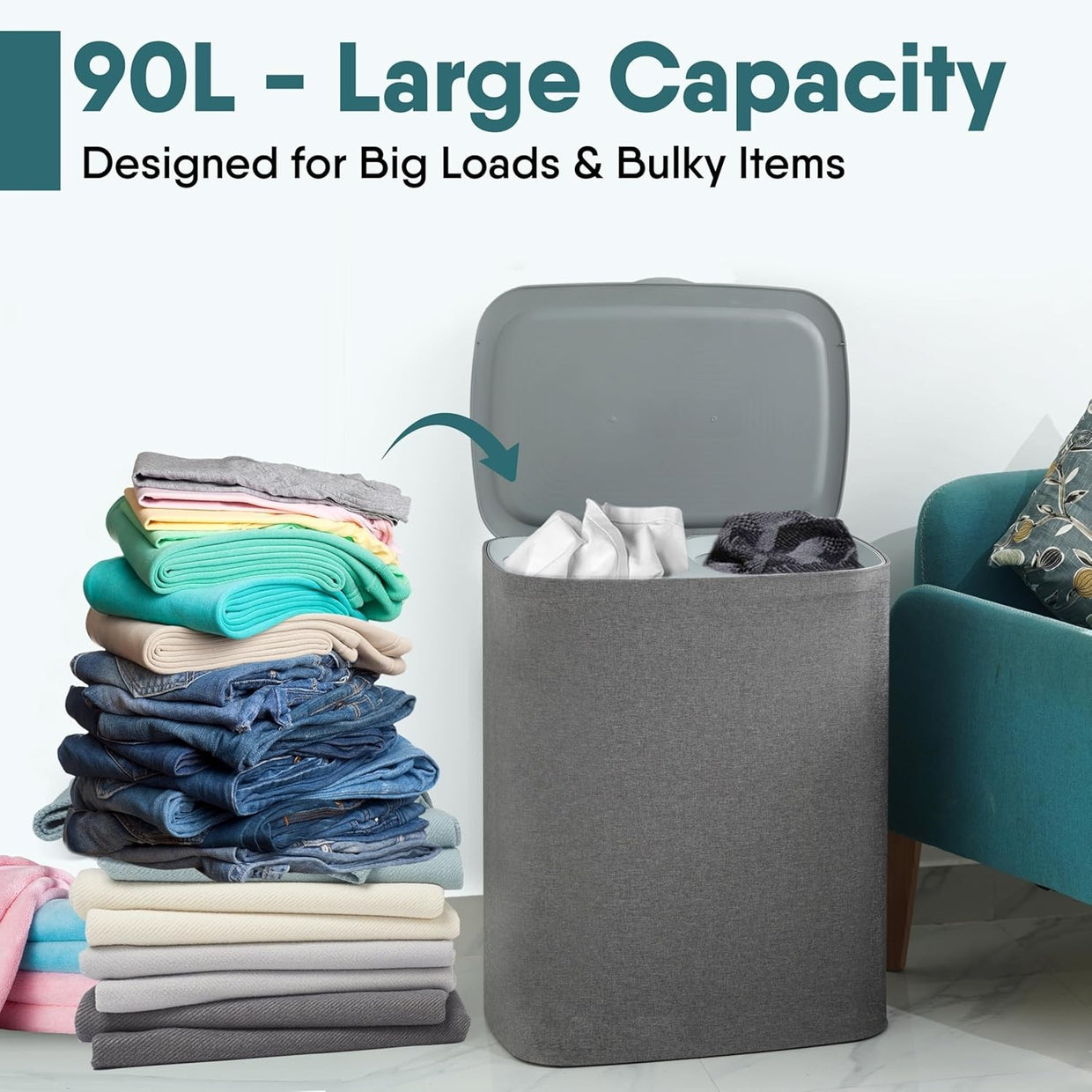 Large 90L Dual Laundry Hamper with Lid & 2 Removable Bags | Divider | Modern Gre - Kwikley