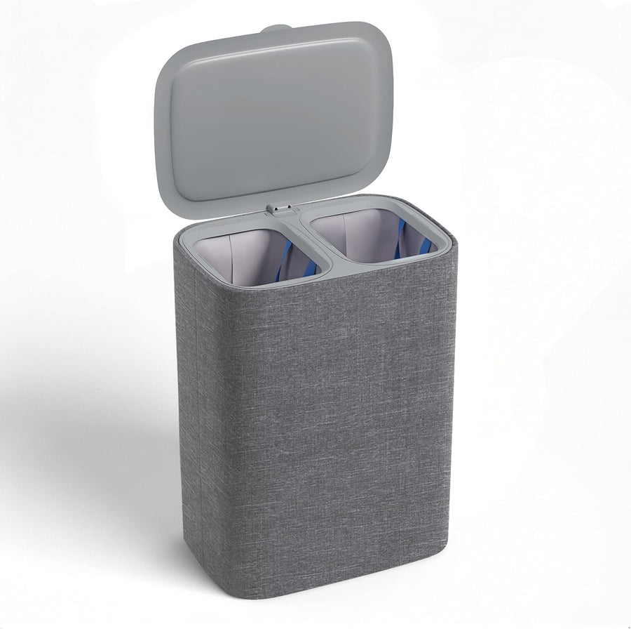 Large 90L Dual Laundry Hamper with Lid & 2 Removable Bags | Divider | Modern Gre - Kwikley