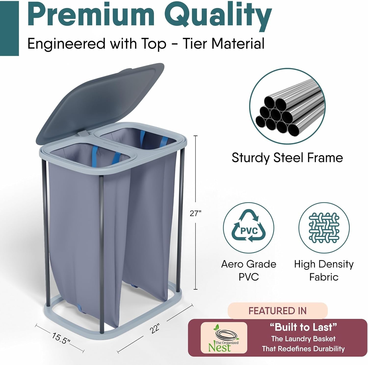 Large 90L Dual Laundry Hamper with Lid & 2 Removable Bags | Divider | Modern Gre - Kwikley