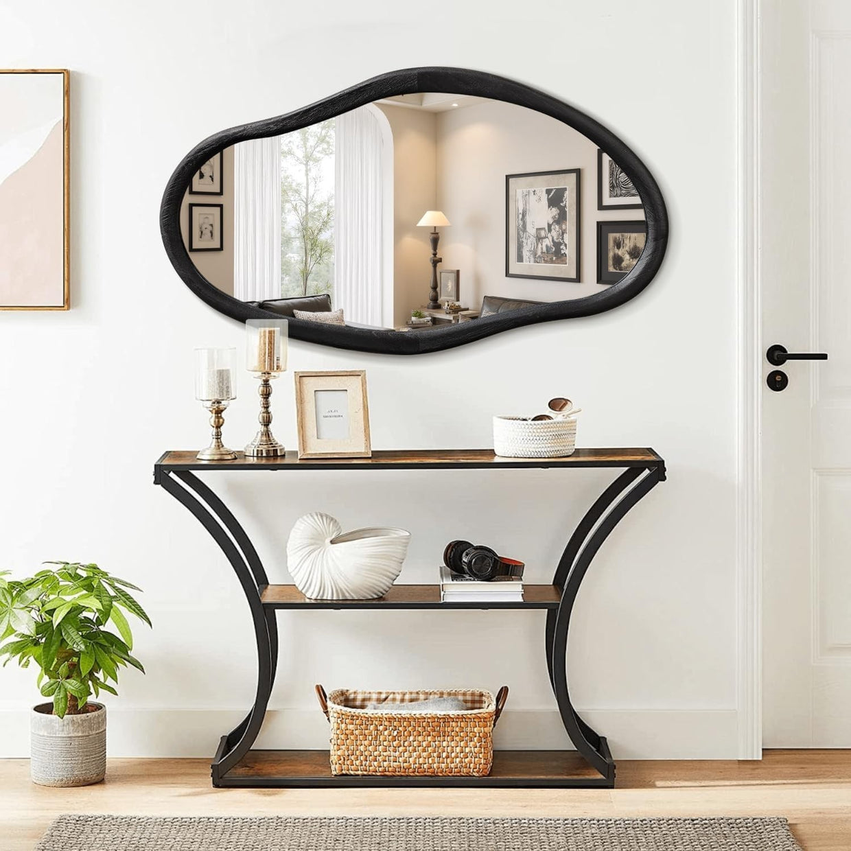 Large 90x60cm Irregular Wall Mirror Black Frame Modern Bathroom Decor - Kwikley