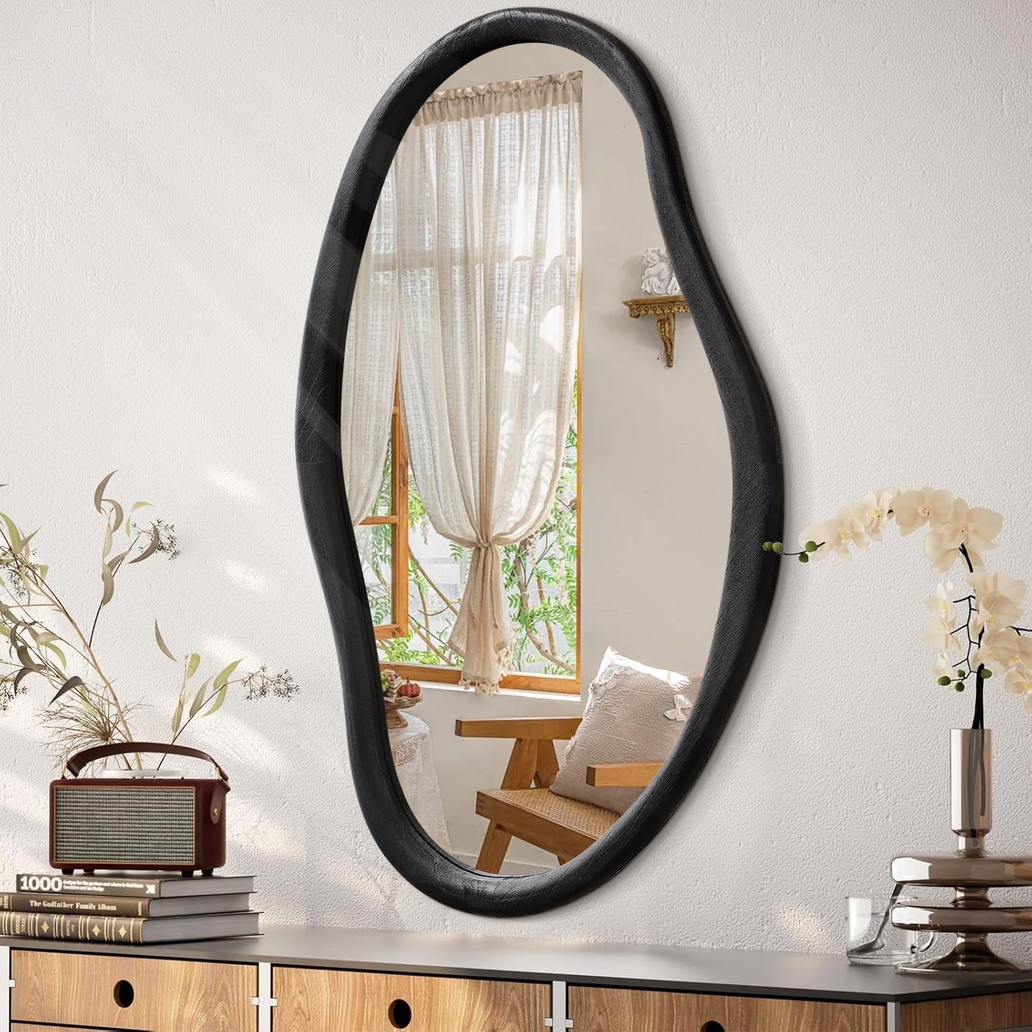 Large 90x60cm Irregular Wall Mirror Black Frame Modern Bathroom Decor - Kwikley