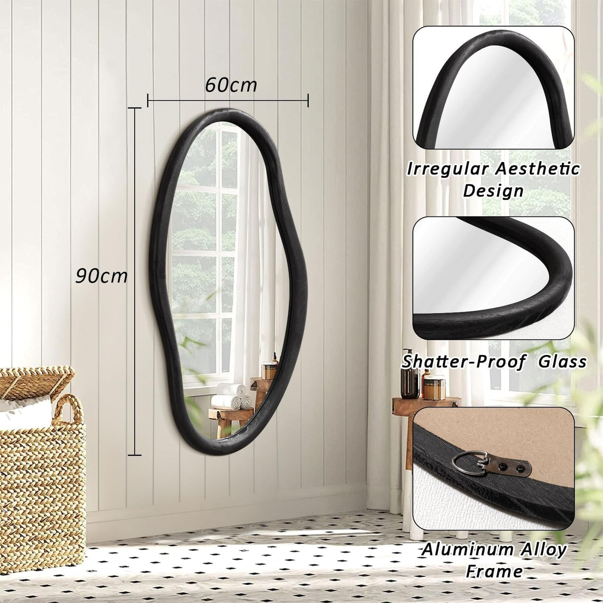 Large 90x60cm Irregular Wall Mirror Black Frame Modern Bathroom Decor - Kwikley