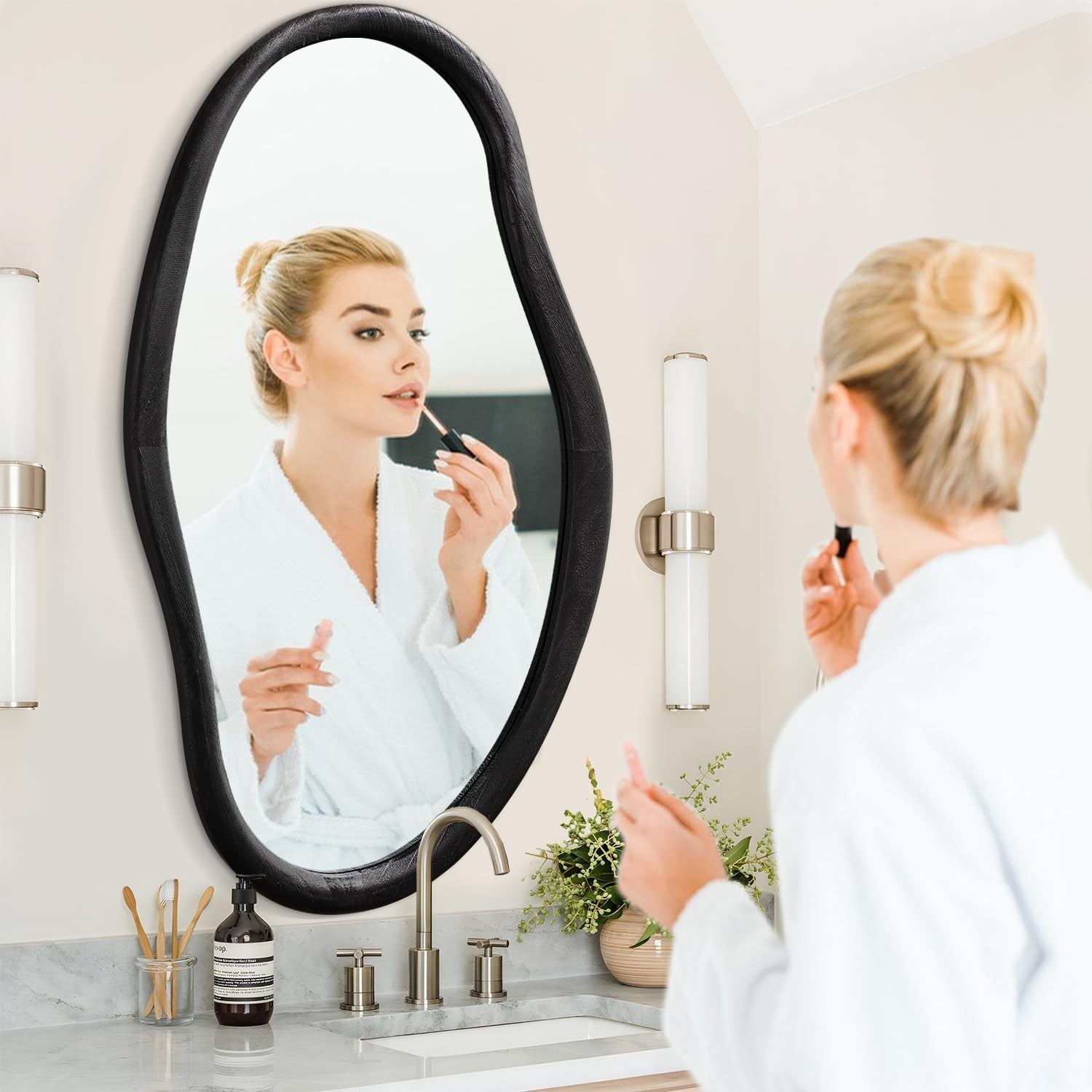 Large 90x60cm Irregular Wall Mirror Black Frame Modern Bathroom Decor - Kwikley