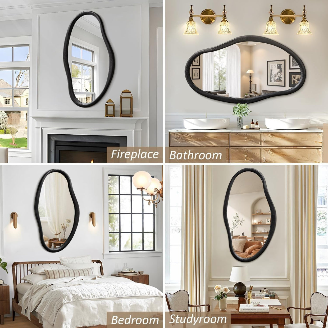 Large 90x60cm Irregular Wall Mirror Black Frame Modern Bathroom Decor - Kwikley