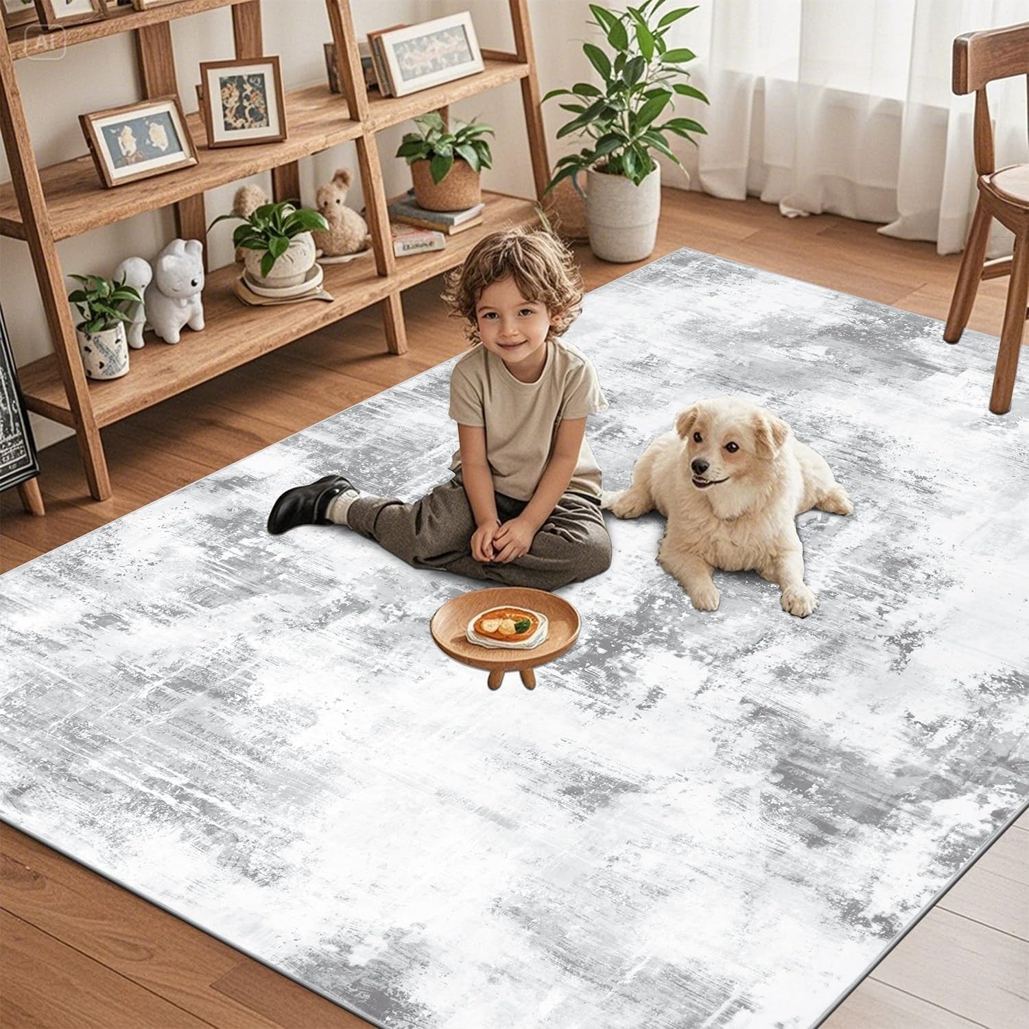 Large Abstract Area Rug 160x230cm Washable Non Slip Soft Light Grey Carpet - Kwikley
