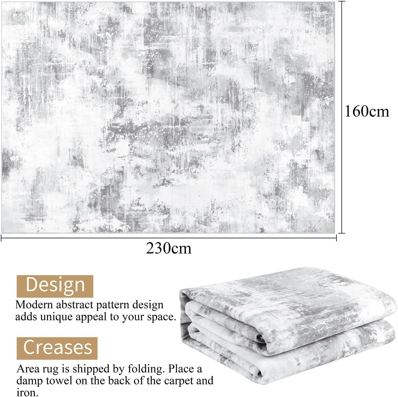 Large Abstract Area Rug 160x230cm Washable Non Slip Soft Light Grey Carpet - Kwikley