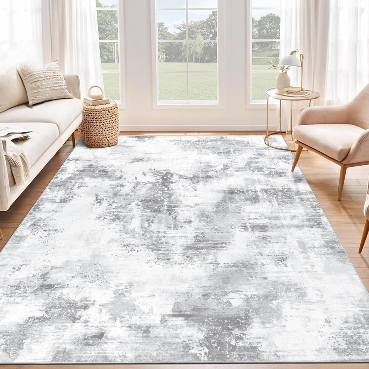 Large Abstract Area Rug 160x230cm Washable Non Slip Soft Light Grey Carpet - Kwikley