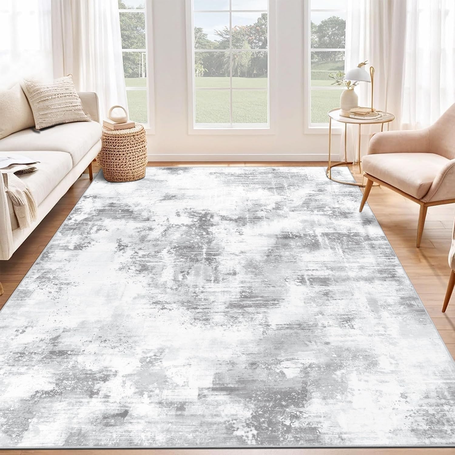Large Abstract Area Rug 160x230cm Washable Non Slip Soft Light Grey Carpet - Kwikley