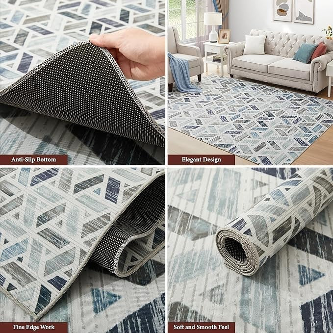 Large Abstract Geometric Rug Soft Modern Indoor Area Carpet Blue Grey 160x230cm - Kwikley