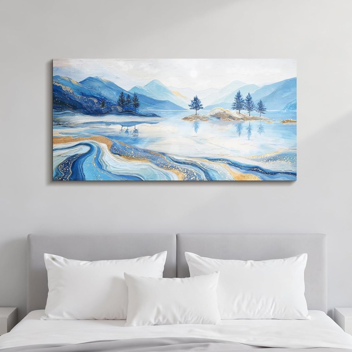 Large Abstract Landscape Canvas Wall Art 100x50cm Blue Lake Print - Kwikley