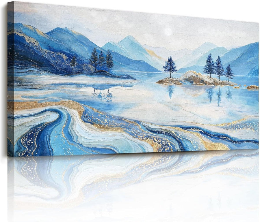 Large Abstract Landscape Canvas Wall Art 100x50cm Blue Lake Print - Kwikley