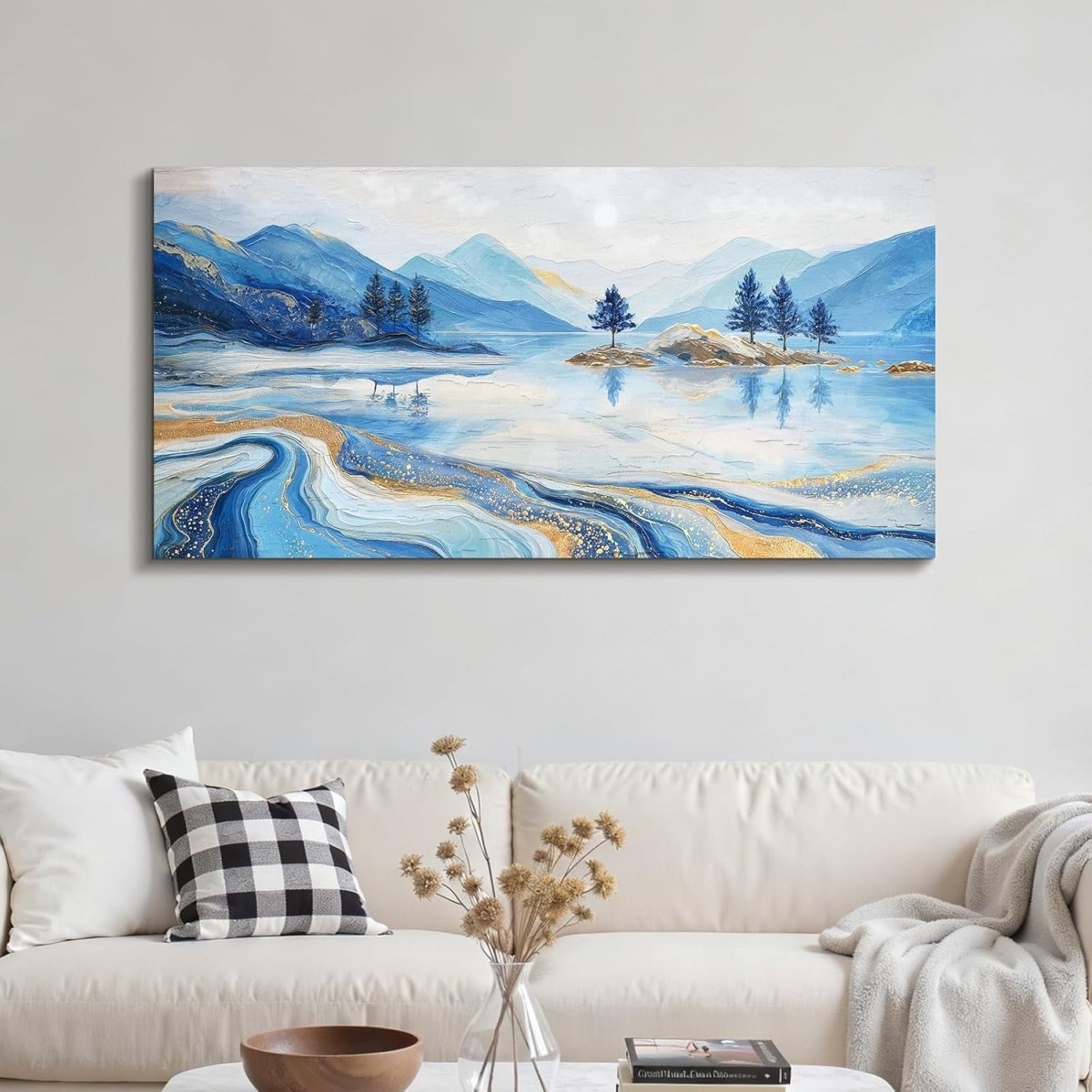 Large Abstract Landscape Canvas Wall Art 100x50cm Blue Lake Print - Kwikley