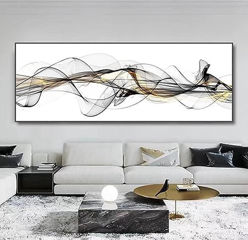 Large Abstract Line Canvas Wall Art Black Gold 60x180cm - Kwikley