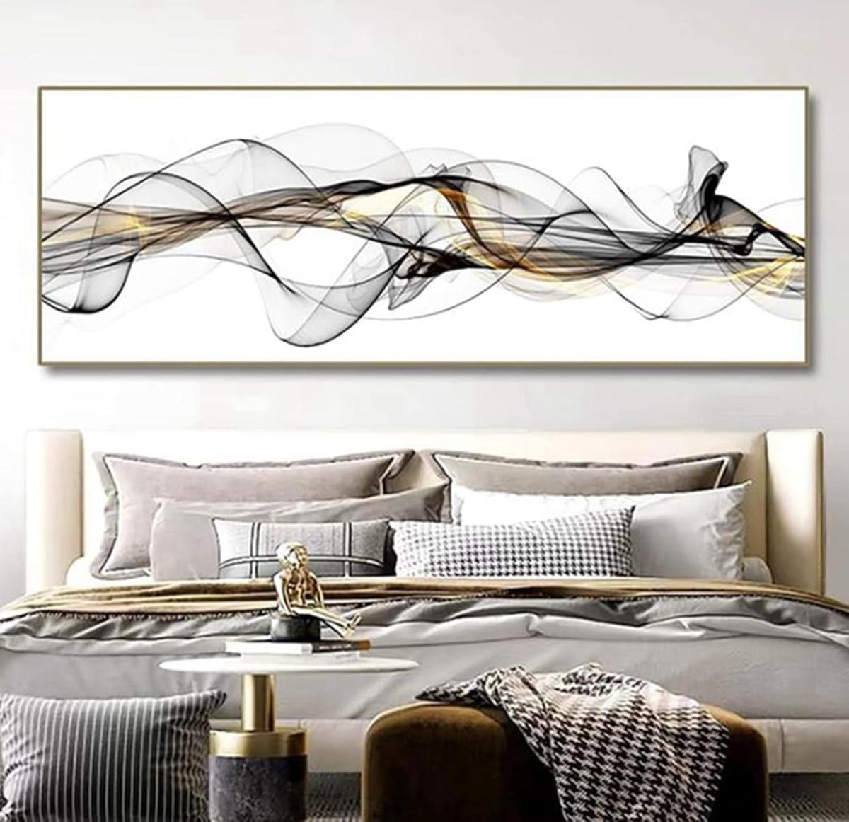 Large Abstract Line Canvas Wall Art Black Gold 60x180cm - Kwikley