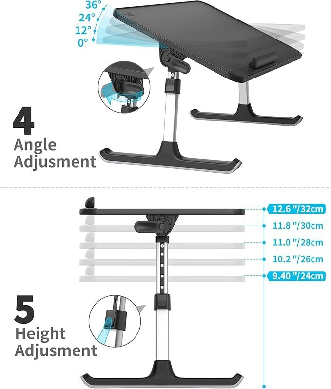 Large Adjustable Lap Desk Bed Table 60x33cm Laptop Stand Mouse Space Black - Kwikley