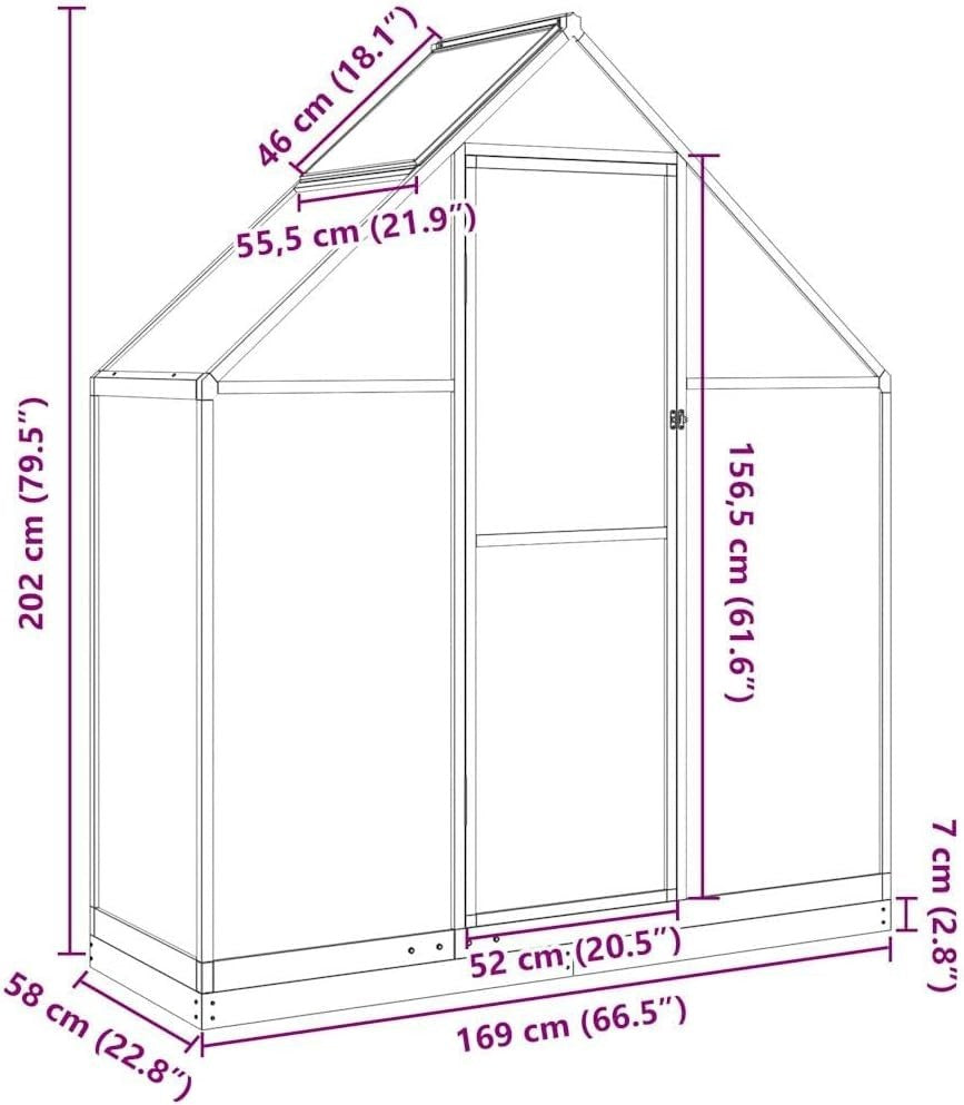 Large Aluminium Greenhouse 169x58x202cm Polycarbonate Panels with Base Frame - Kwikley