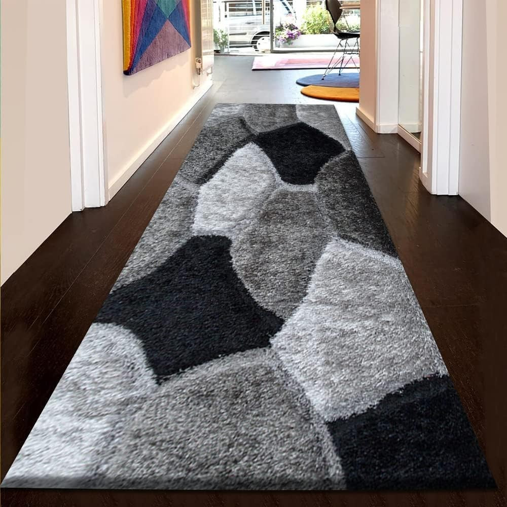 Large Black Grey Geometric Shaggy Rug 160x230cm Soft Non Shed Living Room Carpet - Kwikley