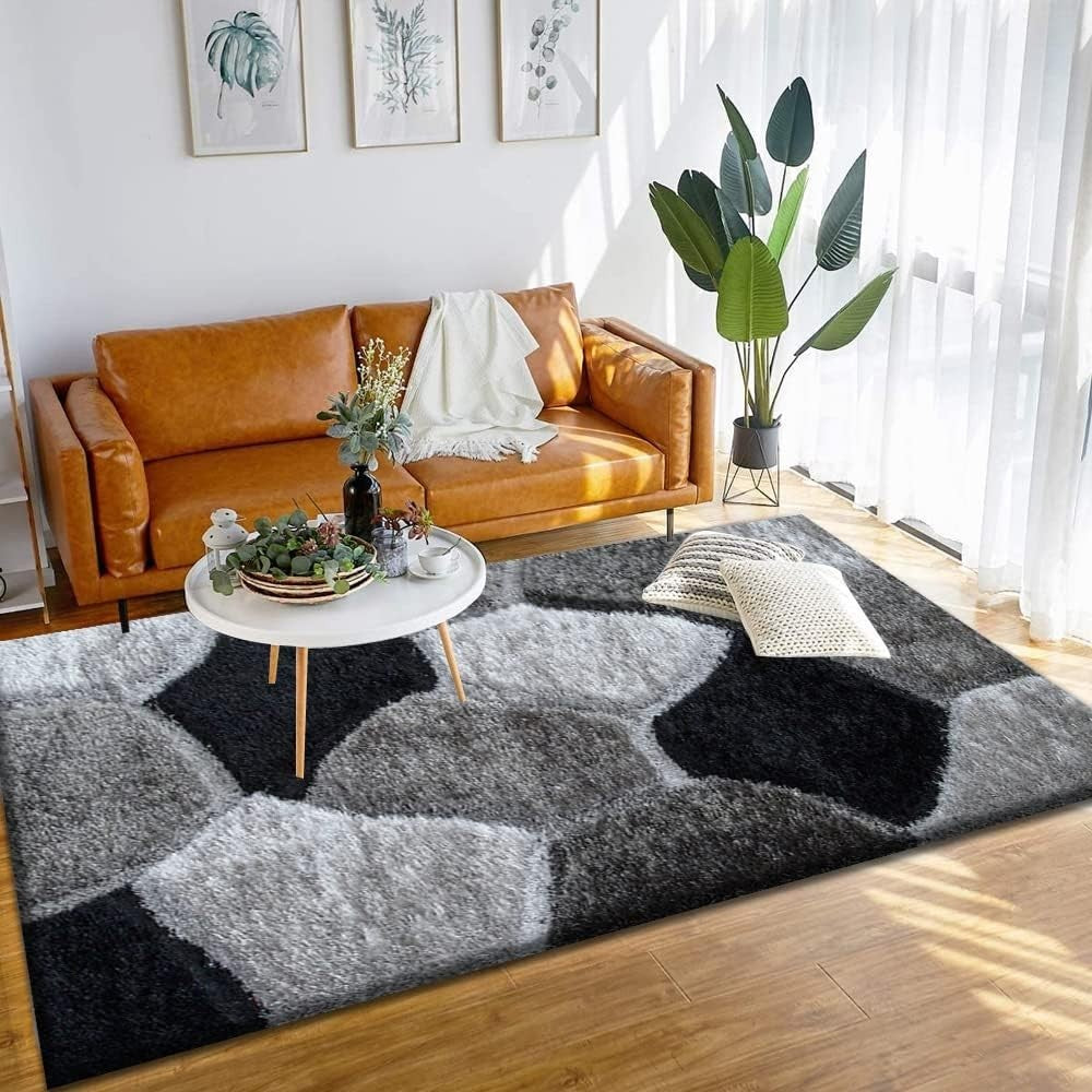 Large Black Grey Geometric Shaggy Rug 160x230cm Soft Non Shed Living Room Carpet - Kwikley