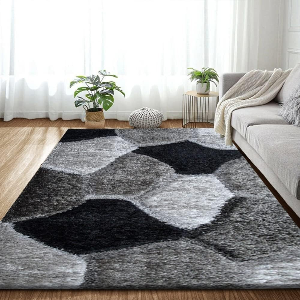 Large Black Grey Geometric Shaggy Rug 160x230cm Soft Non Shed Living Room Carpet - Kwikley