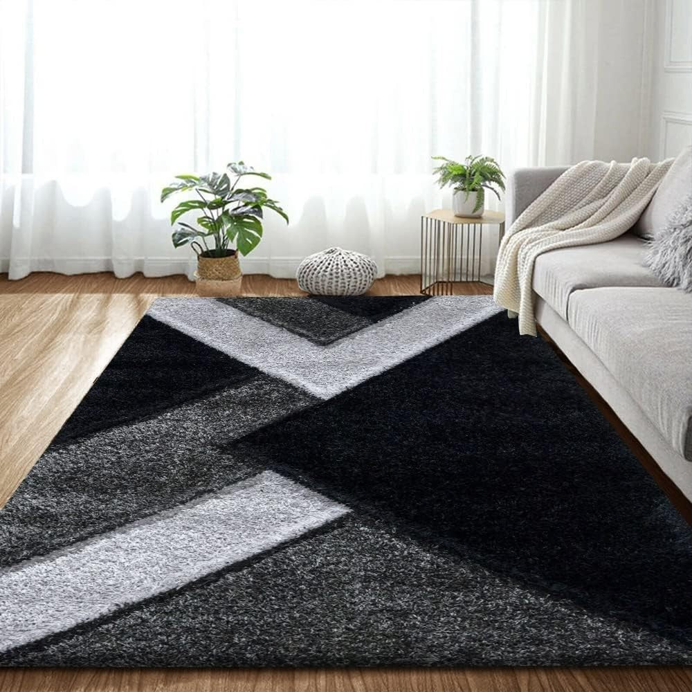 Large Black Grey Shaggy Rug 160x230cm Soft Non Shed Modern Living Room Carpet - Kwikley