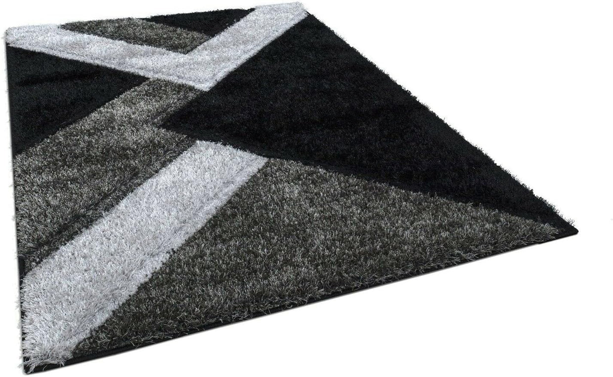 Large Black Grey Shaggy Rug 160x230cm Soft Non Shed Modern Living Room Carpet - Kwikley