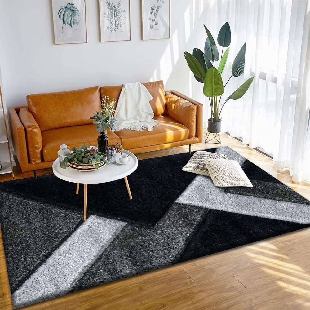 Large Black Grey Shaggy Rug 160x230cm Soft Non Shed Modern Living Room Carpet - Kwikley