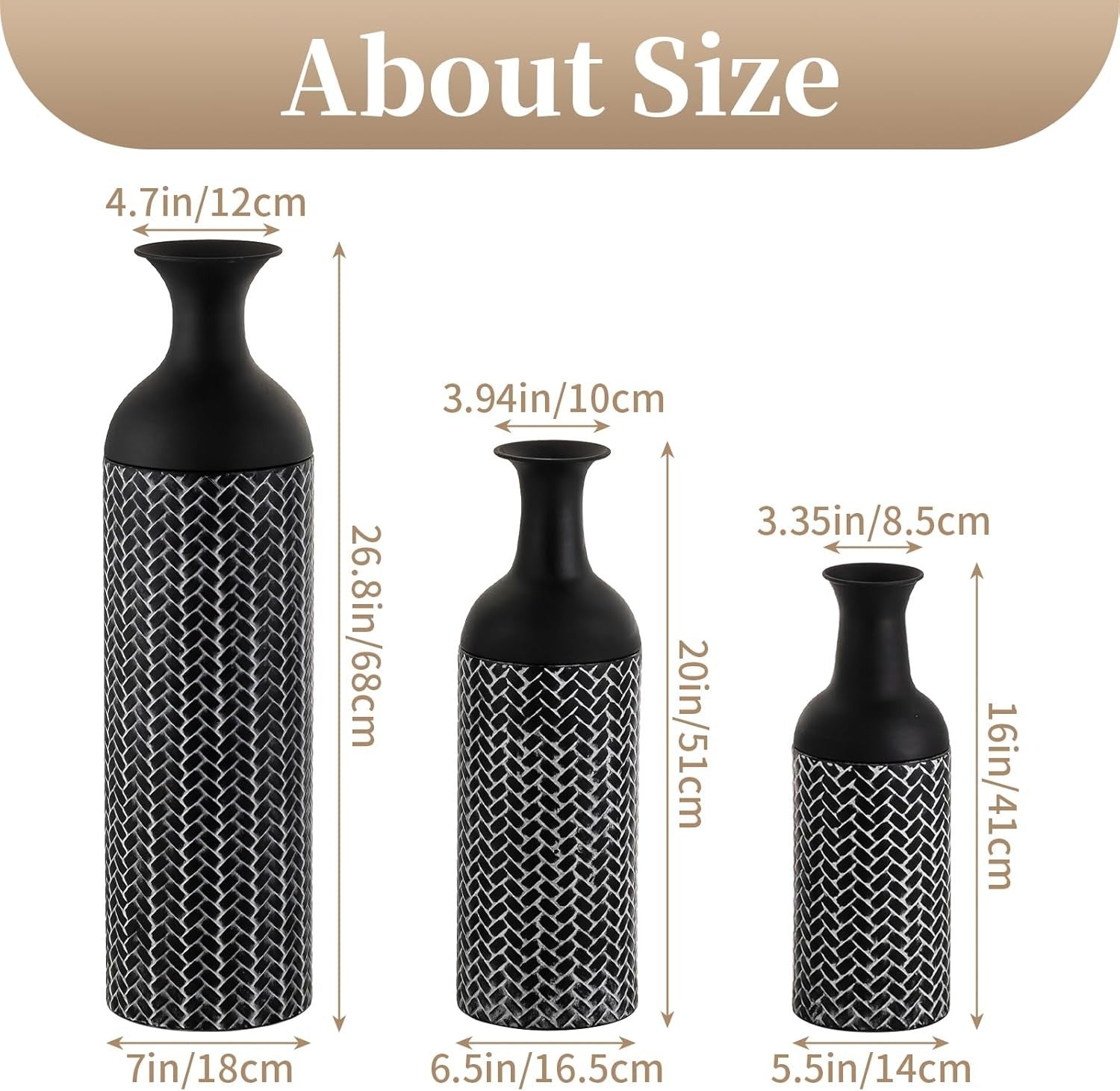 Large Black Metal Floor Vase Set 3pc Tall Standing Vases Living Room Decor - Kwikley