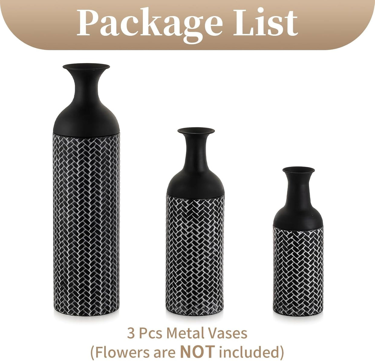 Large Black Metal Floor Vase Set 3pc Tall Standing Vases Living Room Decor - Kwikley