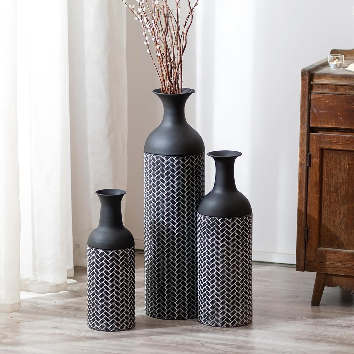 Large Black Metal Floor Vase Set 3pc Tall Standing Vases Living Room Decor - Kwikley