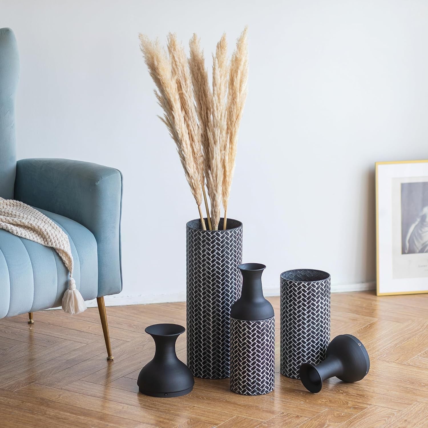 Large Black Metal Floor Vase Set 3pc Tall Standing Vases Living Room Decor - Kwikley
