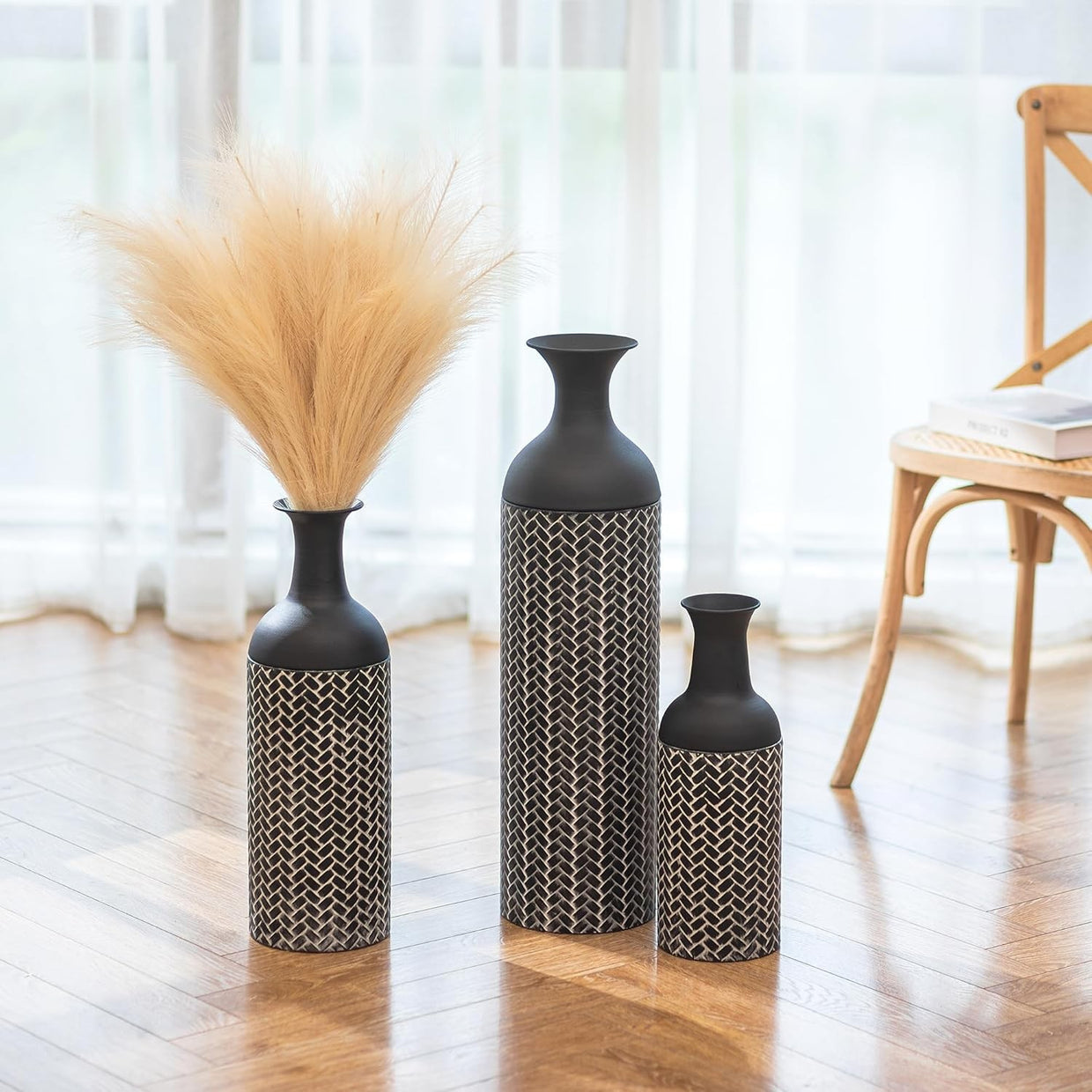 Large Black Metal Floor Vase Set 3pc Tall Standing Vases Living Room Decor - Kwikley