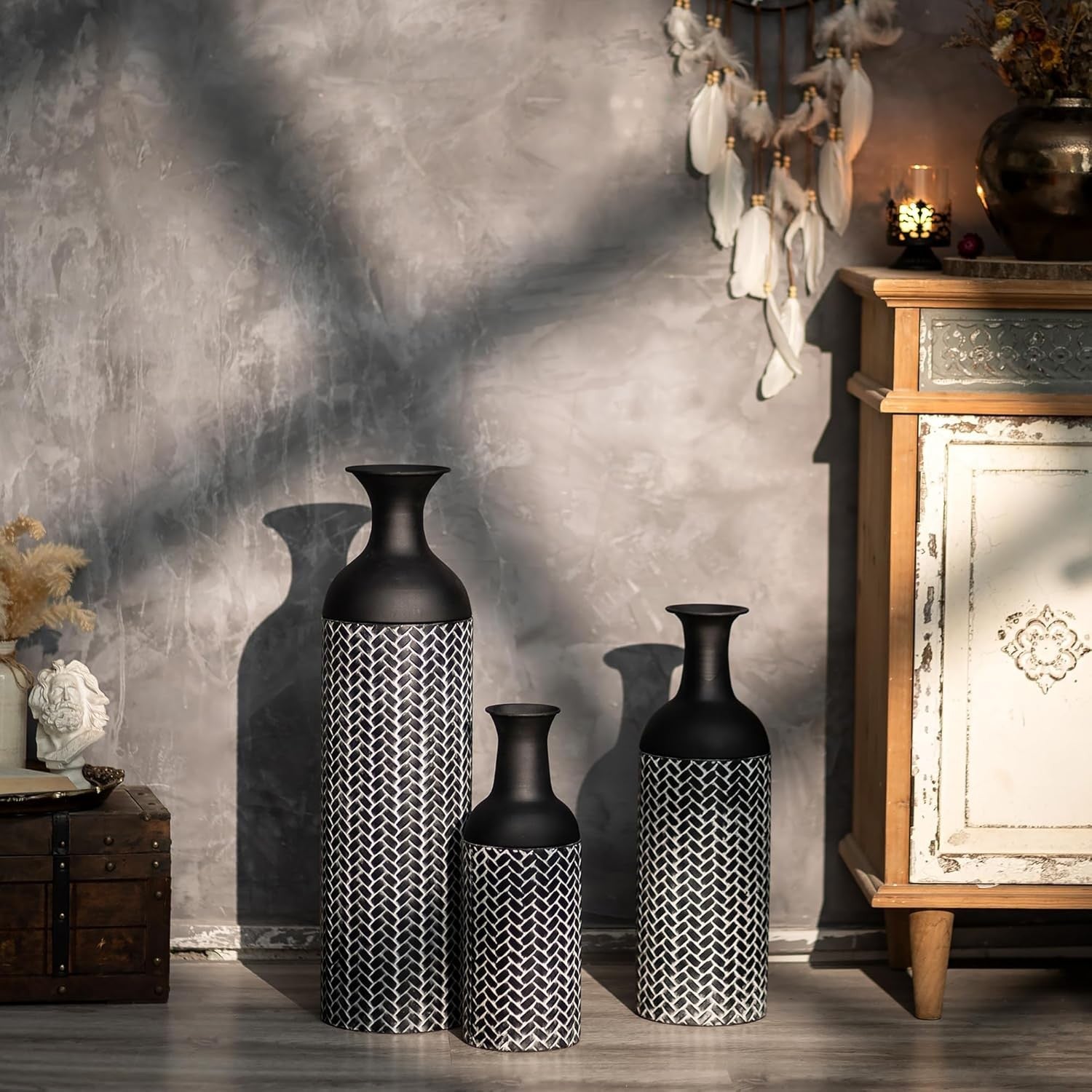 Large Black Metal Floor Vase Set 3pc Tall Standing Vases Living Room Decor - Kwikley
