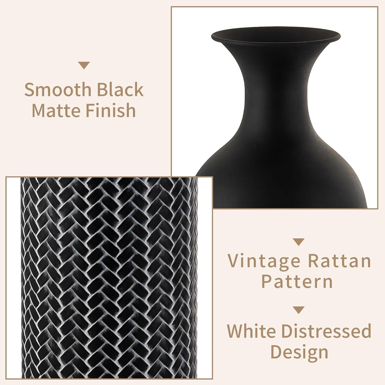 Large Black Metal Floor Vase Set 3pc Tall Standing Vases Living Room Decor - Kwikley