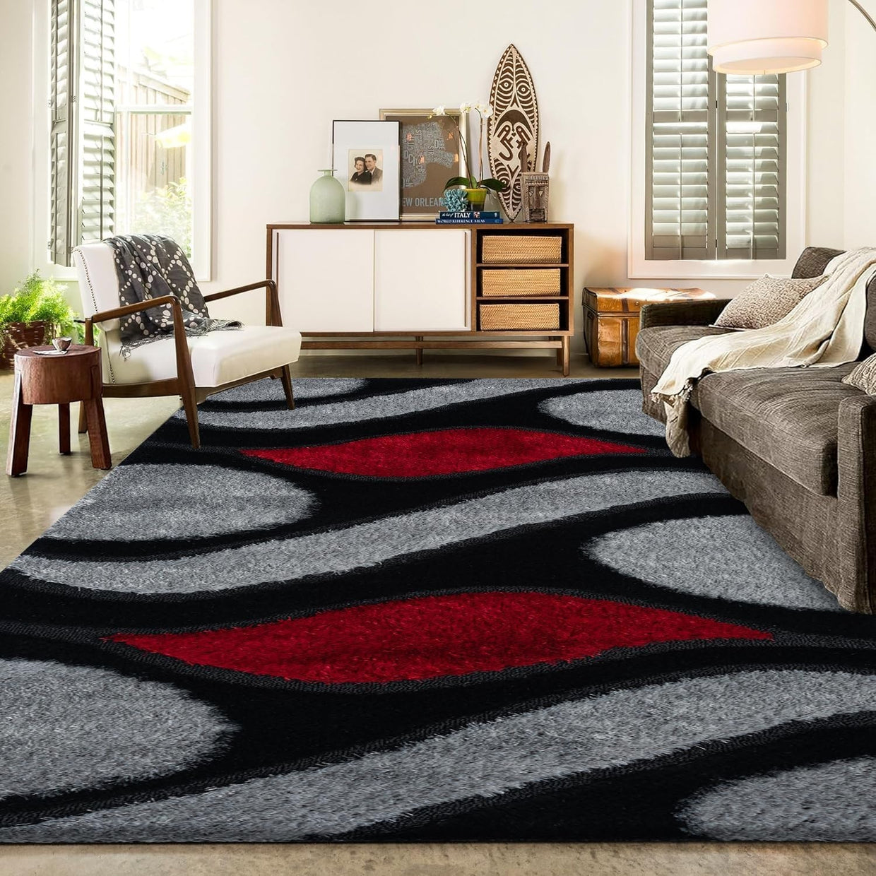Large Black Red Shaggy Area Rug 160x230cm Washable Non Slip Floor Carpet - Kwikley