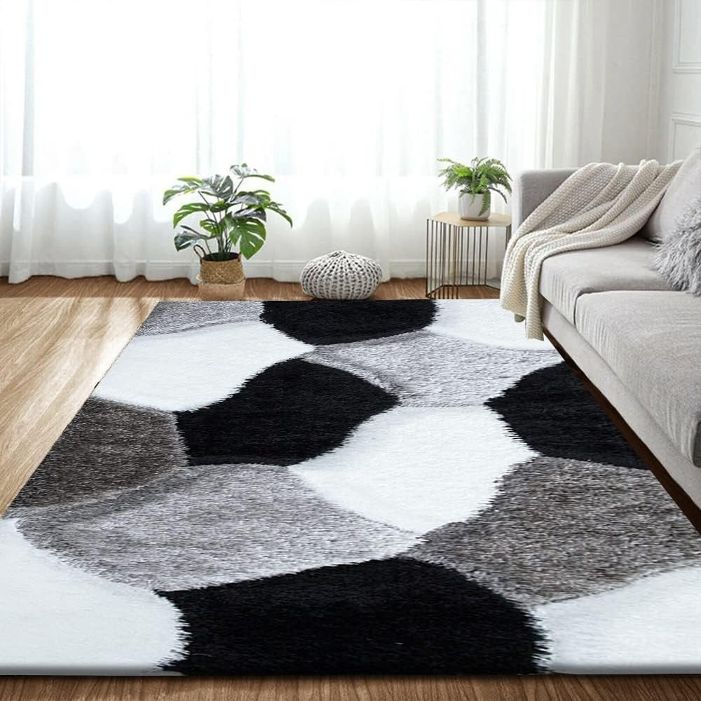 Large Black White Geometric Shaggy Rug 160x230cm Soft Non Shed Area Carpet - Kwikley