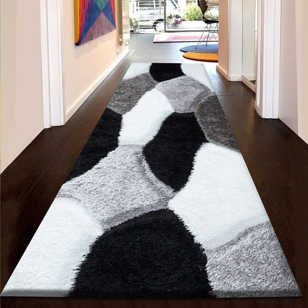 Large Black White Geometric Shaggy Rug 160x230cm Soft Non Shed Area Carpet - Kwikley