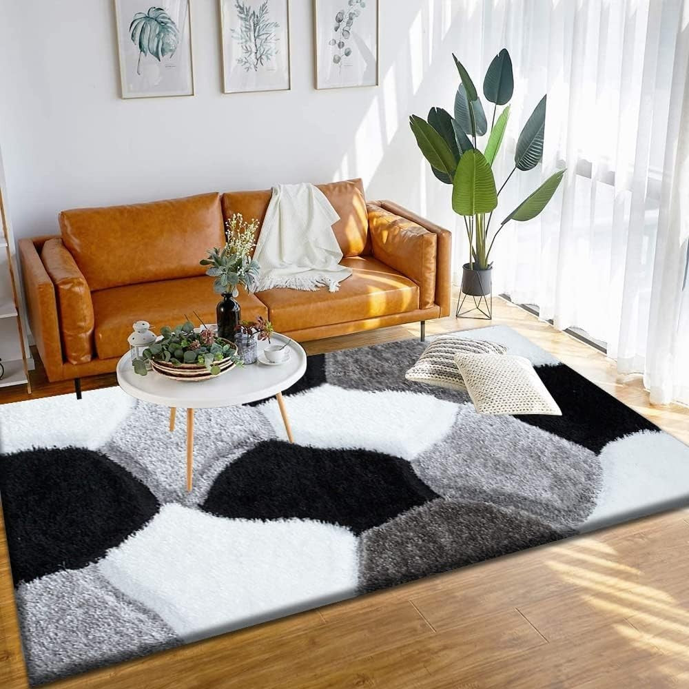 Large Black White Geometric Shaggy Rug 160x230cm Soft Non Shed Area Carpet - Kwikley
