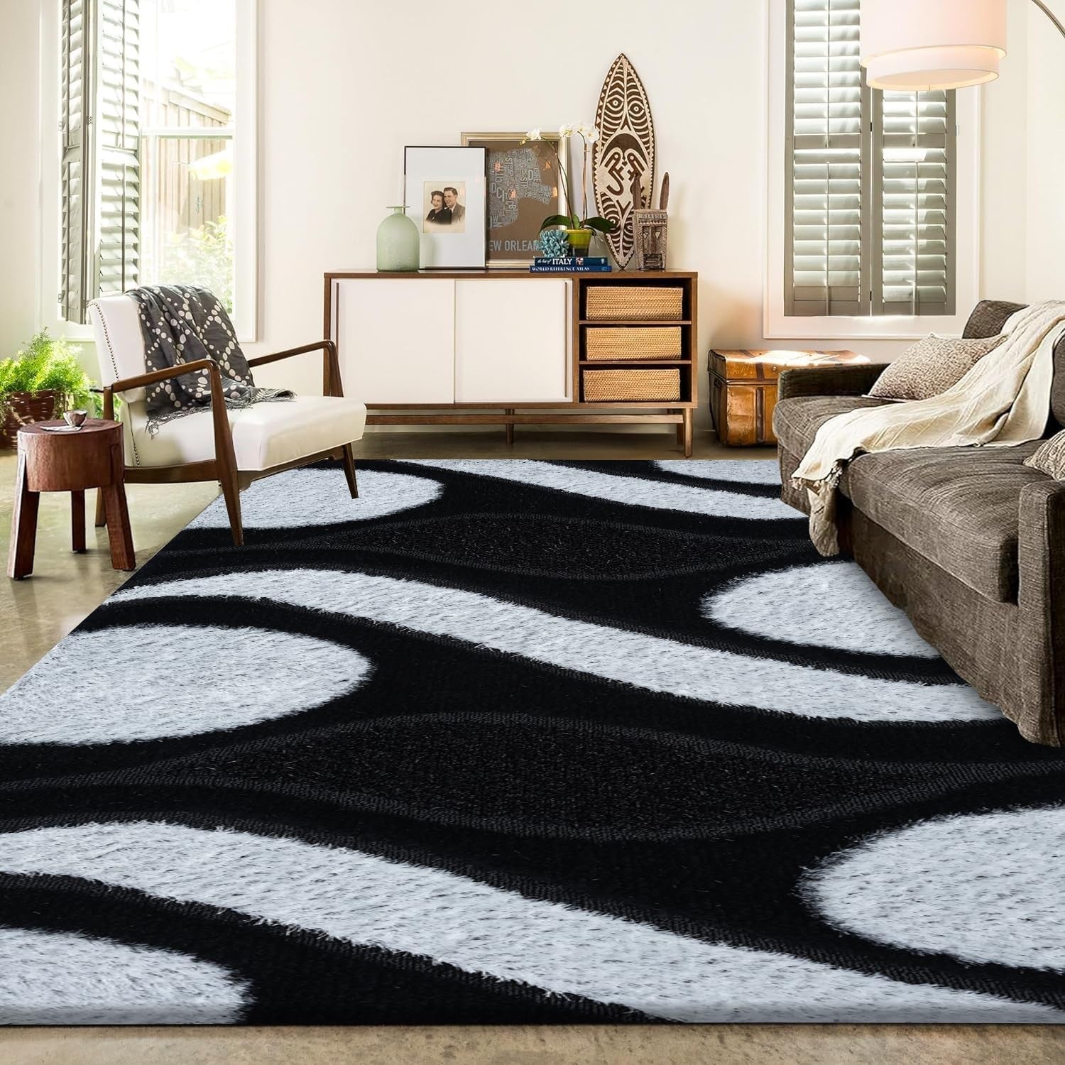 Large Black White Shaggy Area Rug 120x170cm Washable Non Slip Floor Carpet - Kwikley