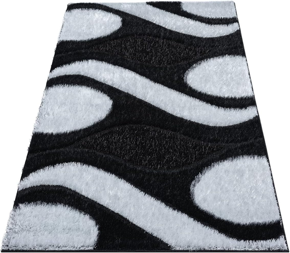 Large Black White Shaggy Area Rug 120x170cm Washable Non Slip Floor Carpet - Kwikley
