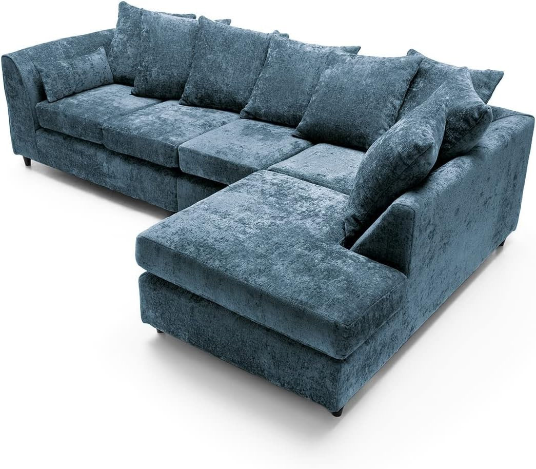 Large Blue Chenille Corner Sofa – Right Hand L - Shaped Couch – 5 Seater - Kwikley