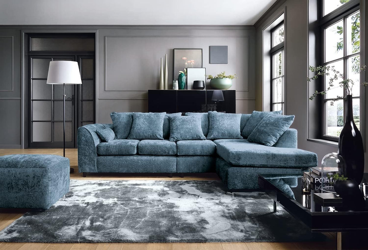 Large Blue Chenille Corner Sofa – Right Hand L - Shaped Couch – 5 Seater - Kwikley