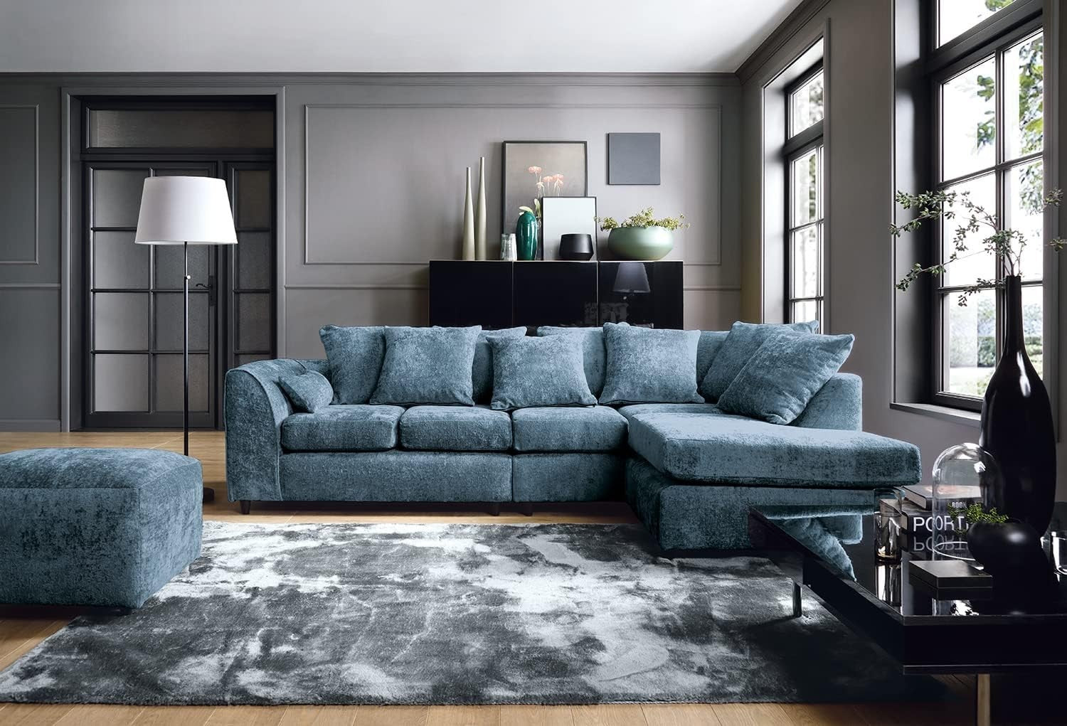 Large Blue Chenille Corner Sofa – Right Hand L - Shaped Couch – 5 Seater - Kwikley