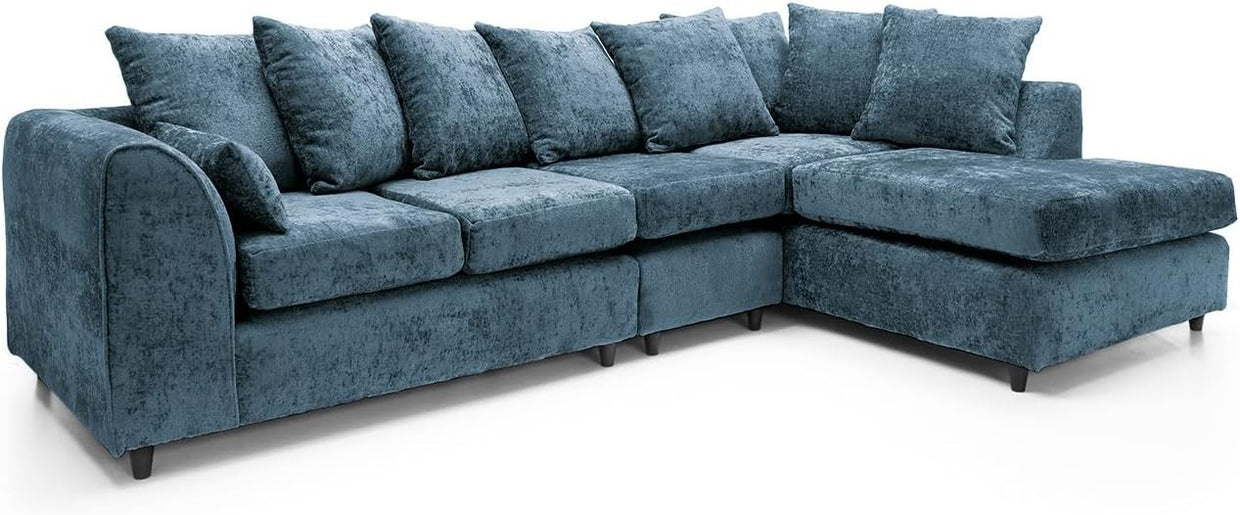 Large Blue Chenille Corner Sofa – Right Hand L - Shaped Couch – 5 Seater - Kwikley