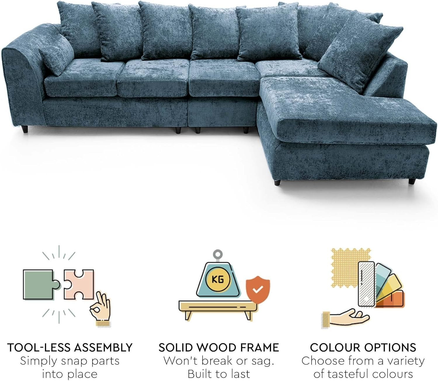 Large Blue Chenille Corner Sofa – Right Hand L - Shaped Couch – 5 Seater - Kwikley