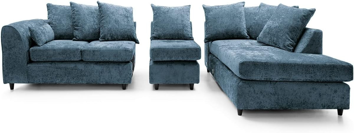 Large Blue Chenille Corner Sofa – Right Hand L - Shaped Couch – 5 Seater - Kwikley