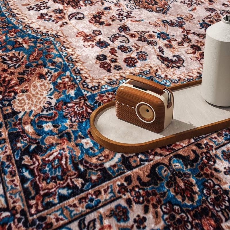 Large Blue Mughal Area Rug 200x290cm Washable Non Slip Traditional Carpet - Kwikley