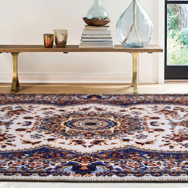 Large Blue Mughal Area Rug 200x290cm Washable Non Slip Traditional Carpet - Kwikley
